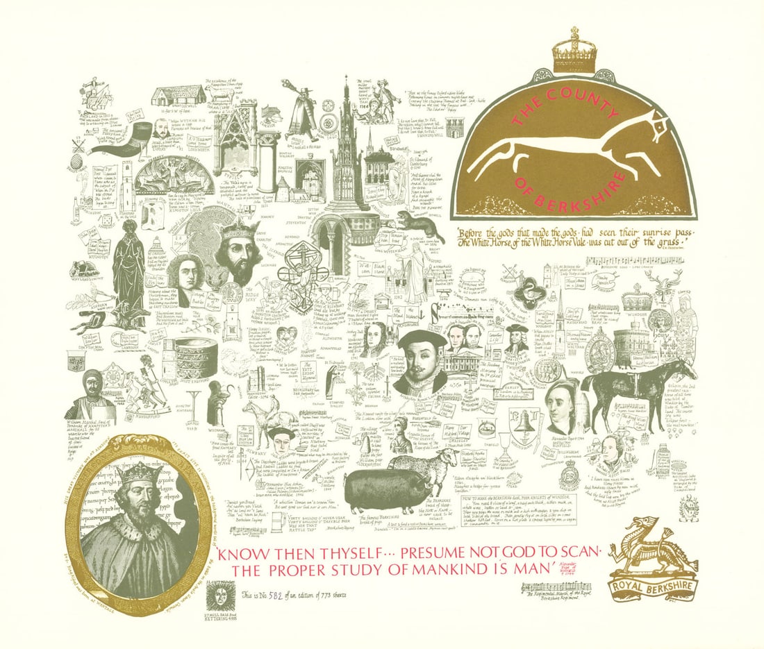 The County of Berkshire pictorial miscellany map by Joseph Lloyd Carr 1973: The County of Berkshire'. The first and only edition of J. L. Carr’s pictorial miscellany map of Berkshire, published in 1973 from his home-based Quince Tree Press at 27 Mill Dale Road,