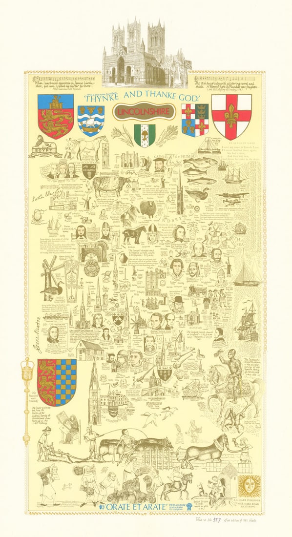 Lincolnshire pictorial miscellany county map by Joseph Lloyd Carr 1981 old: Lincolnshire'. The second edition of J. L. Carr’s pictorial miscellany map of Lincolnshire, published in 1981 from his home-based Quince Tree Press at 27 Mill Dale Road, Kettering. One of 981