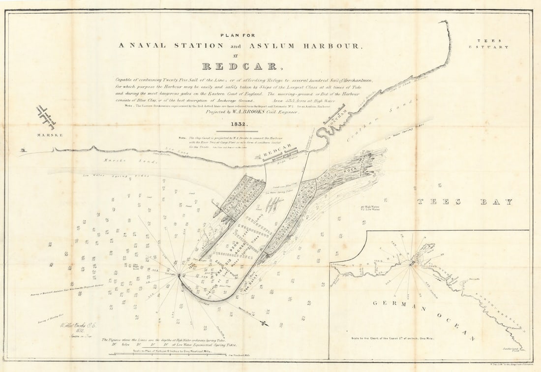 Plan for A Naval Station and Asylum Harbour at Redcar by W.A. Brooks 1833 map: Plan for A Naval Station and Asylum Harbour, at Redcar,...'. William Alexander Brooks had been appointed Resident Engineer to the Tees Navigation Company in 1828. He later served as Civil Engineer to 
