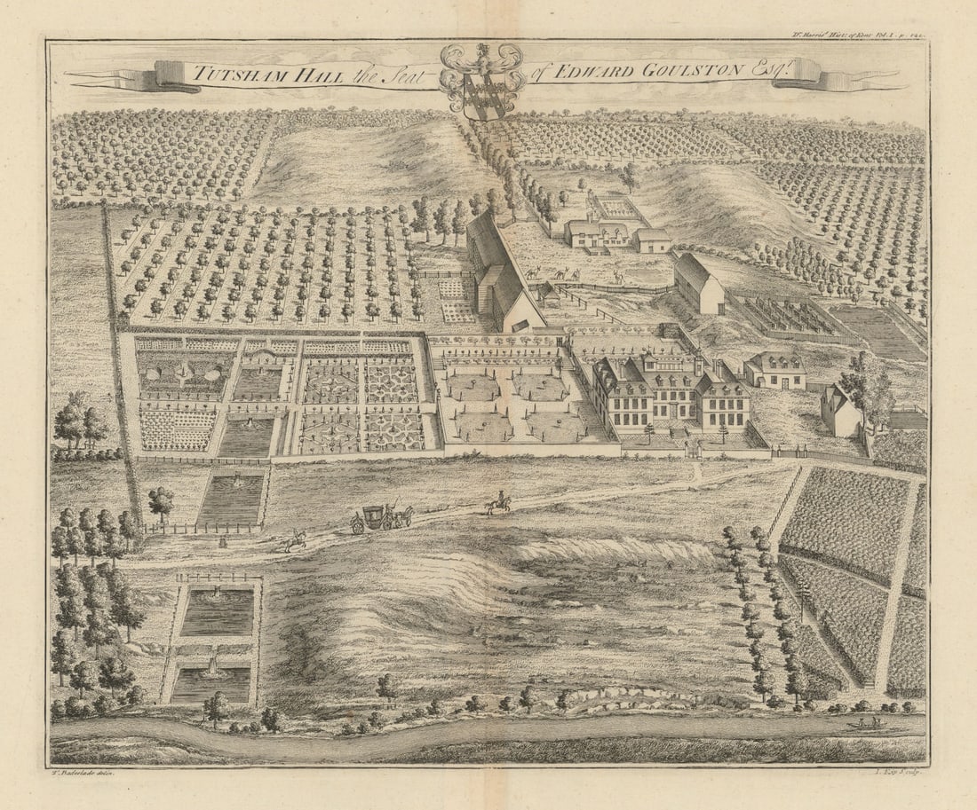 Tutsham Hall, Yalding, Maidstone, Seat of Edward Goulston—Badeslade & Kip 1719: Tutsham Hall, the Seat of Edward Goulston Esqr.'. Tutsham Hall, near Yalding, Maidstone, Kent. The current building is late C18 or early C19, possibly incorporating part of the earlier house shown. . 