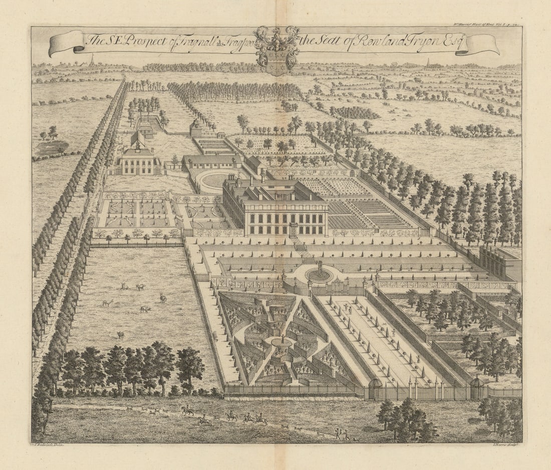 Prospect of Frognal House, Bexley, Seat of Rowland Tryon—Badeslade/Harris 1719: The S.E. Prospect of Fragnal al[ia]s Fragpool, the Seat of Rowland Tryon Esqr.. Frognal House (Frognall), Longlands, Bexley. A Jacobean mansion originally built sometime before 1550 by the Dyngley
