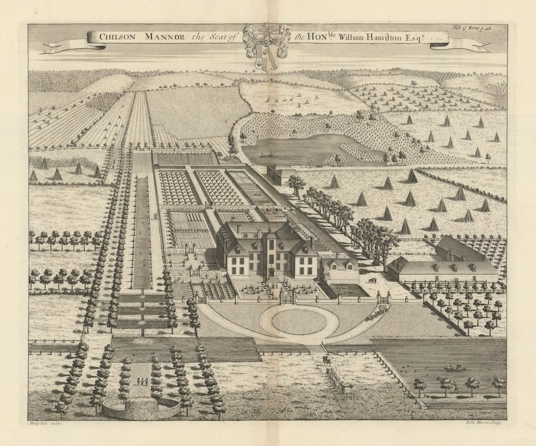 Chilston Park, Lenham, Seat of the Hon. William Hamilton—Badeslade & Harris 1719: Chilson Mannor, the Seat of the Honble. William Hamilton Esqr.'. Chilston Park Hotel, Boughton Road, Sandway, Lenham, Maidstone, Kent ME17 2BE. Extant. Country house hotel. . Thomas Badeslade delin.
