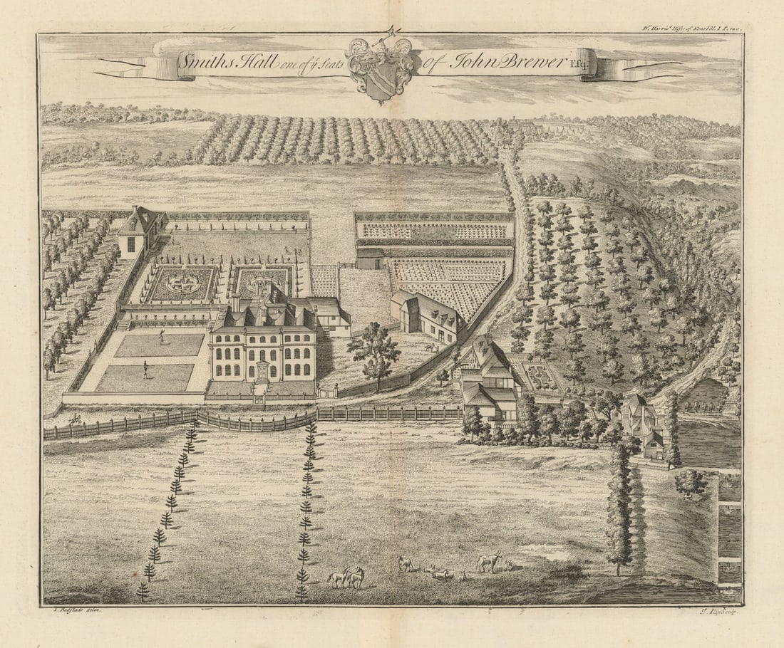 Smith's Hall, Seat of John Brewer Esq.—West Farleigh, Kent—Badeslade & Kip 1719: Smith's Hall one of ye Seats of John Brewer Esq.'. Smiths Hall (later West Farleigh Hall), West Farleigh, near Maidstone, Kent. Built in 1719, with later 18th-century additions. The house was known