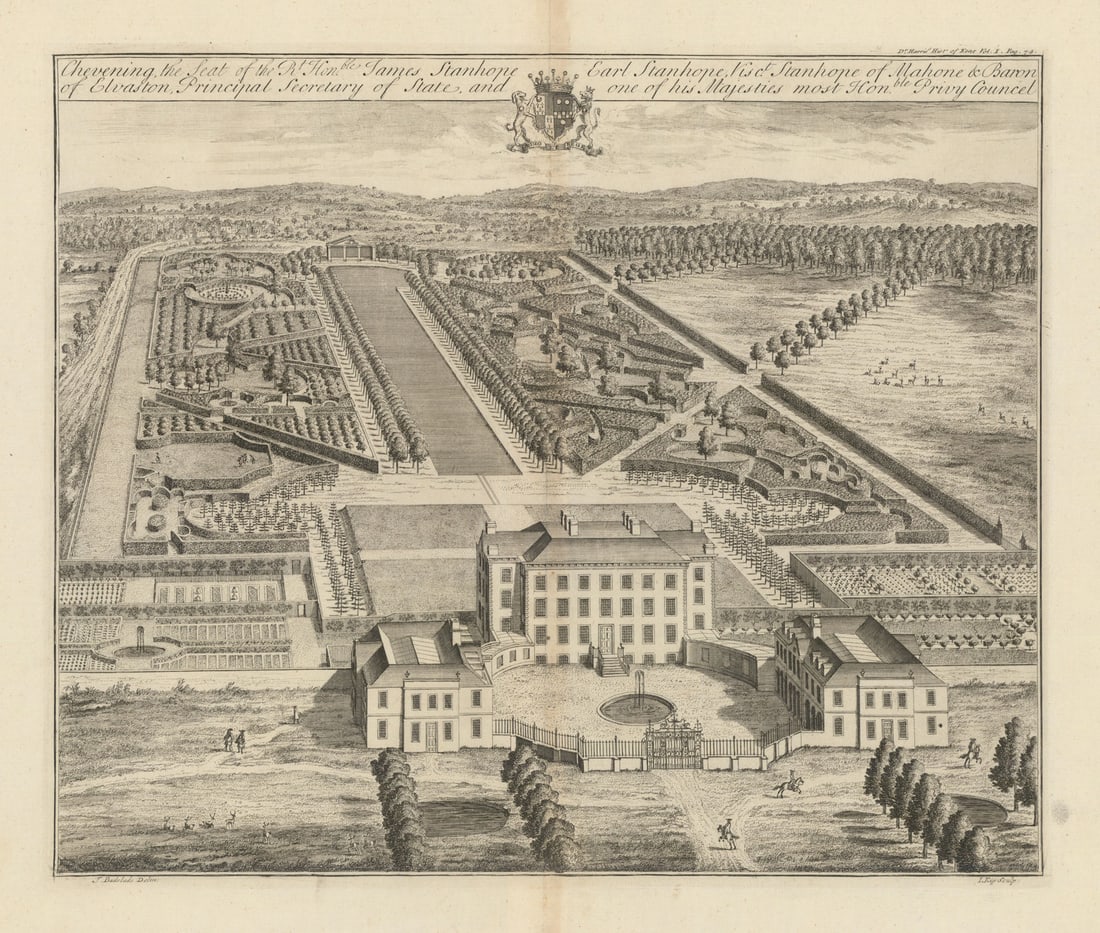 Chevening House, Seat of Rt. Hon. James Stanhope—Inigo Jones—Badeslade/Kip 1719: Chevening, the Seat of Rt. Honble. James Stanhope, Earl Stanhope, Visct. Stanhope of Mahone & Baron of Elvaston, Principal Secretary of State, and one of his Majesties most Honble. Privy Councel'.