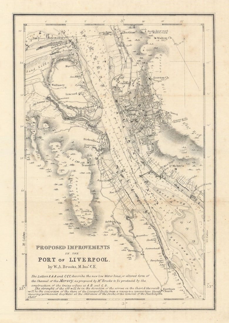 Proposed Improvements in the Port of Liverpool by William Alex. Brooks 1843 map: Proposed Improvements in the Port of Liverpool'. William Alexander Brooks (1802-1877) was Civil Engineer to the River Tyne Commissioners between 1842 and 1858. We can find no evidence that his proposa