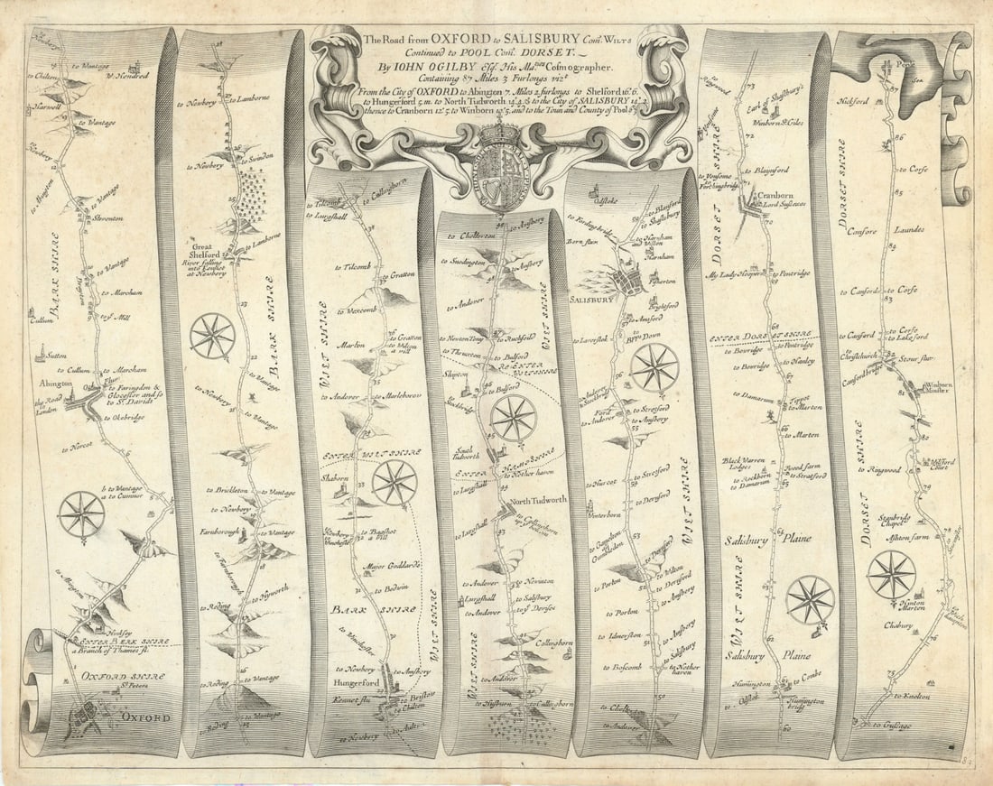 Oxford – Abingdon – Hungerford – Salisbury – Poole –Ogilby road map: The Road from Oxford to Salisbury, Continued to Pool [Oxford – Abingdon – Hungerford – Salisbury – Cranborne – Poole] by Ogilby, John. Published 1675. Antique copperplate