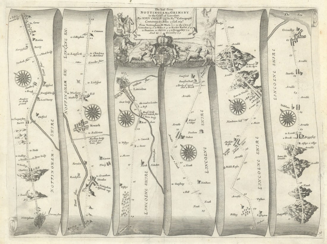 Nottingham–Newark–Lincoln–Market Rasen–Grimsby–Ogilby road map #78: The Road from Nottingham to Grimsby [Nottingham – Newark – Lincoln – Market Rasen – Grimsby] by Ogilby, John. Published 1675. Antique copperplate road strip map. Size 48 x 37
