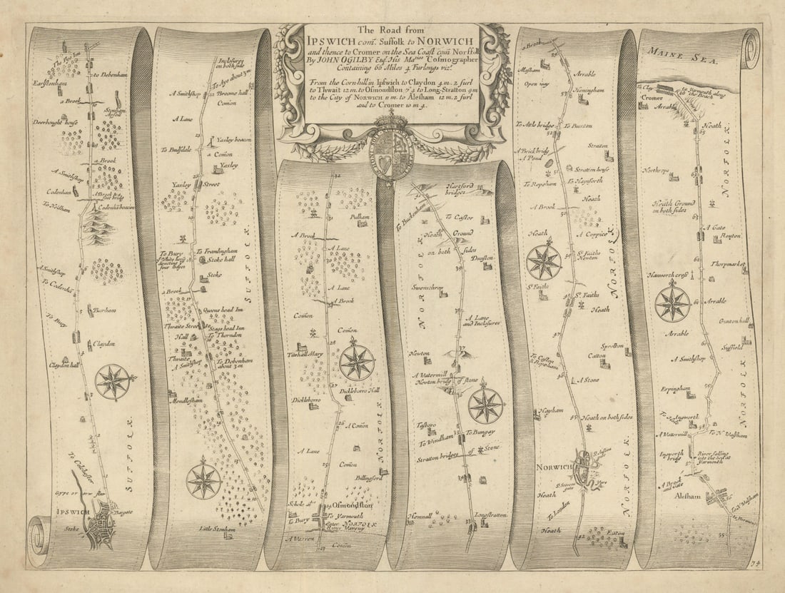 Ipswich – Thwaite – Norwich – Cromer – Ogilby road map #74 1675: The Road from Ipswich to Norwich and thence to Cromer [Ipswich – Thwaite – Norwich – Cromer] by Ogilby, John. Published 1675. Antique copperplate road strip map. Size 48 x 37 cm | 19
