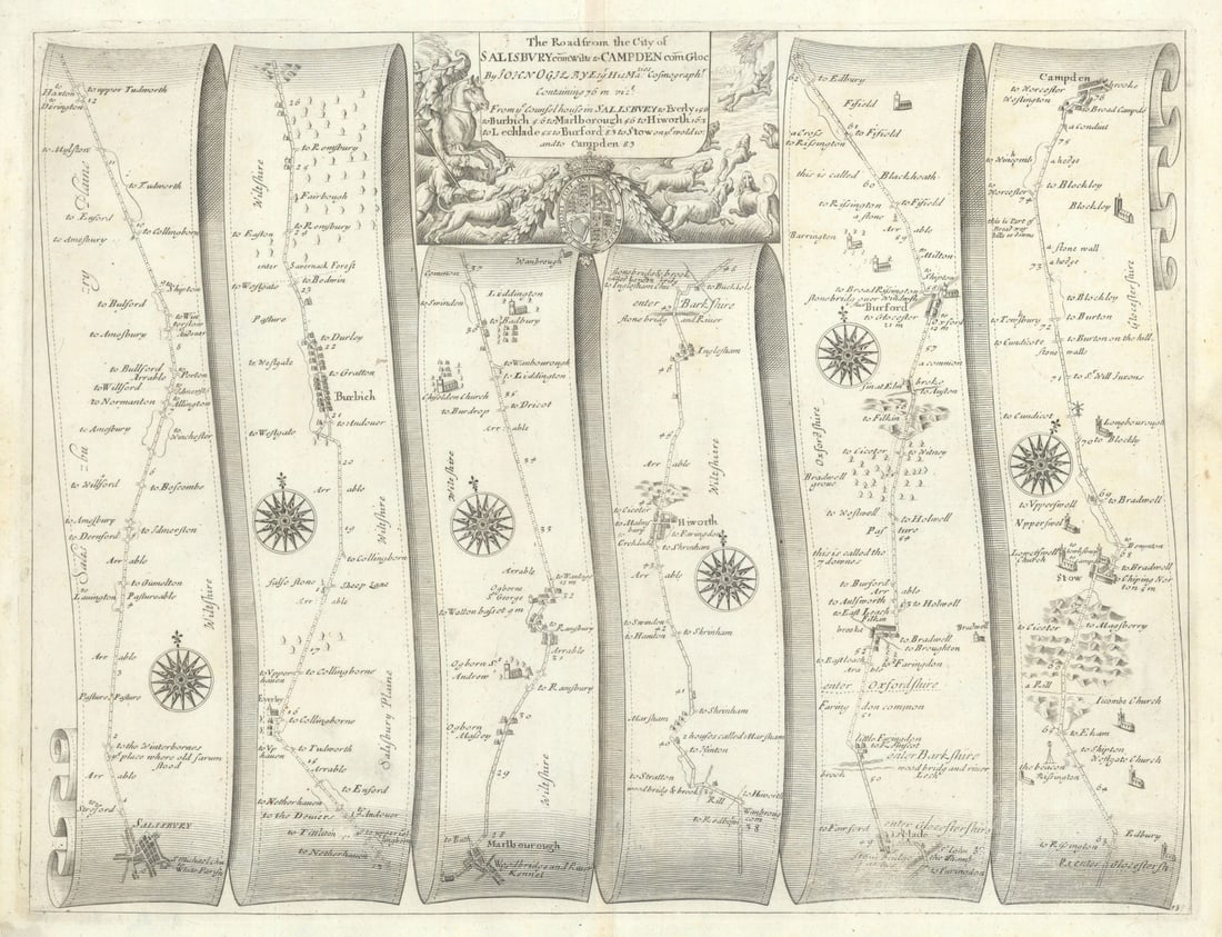 Salisbury–Marlborough–Stow/Wold–Chipping Campden–Ogilby road map #85 1675: The Road from the City of Salisbury to Campden [Salisbury – Burbage – Marlborough – Lechlade – Burford – Stow-on-the-Wold – Chipping Campden] by Ogilby, John. Publi