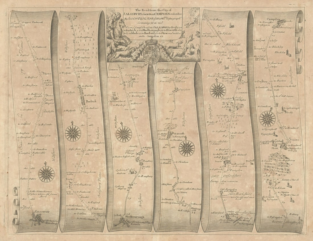 Salisbury–Marlborough–Stow/Wold–Chipping Campden–Ogilby road map #85 1675: The Road from the City of Salisbury to Campden [Salisbury – Burbage – Marlborough – Lechlade – Burford – Stow-on-the-Wold – Chipping Campden] by Ogilby, John. Publi
