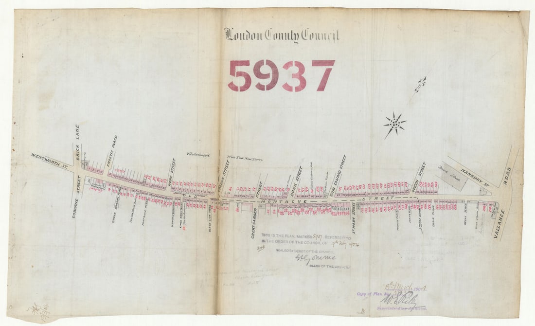 Old Montague Street, Spitalfields/Whitechapel E1—renumbering—Brick Lane 1904 map: London County Council 5937 [Old Montague Street—Wentworth Street—Brick Lane—Osborn Street—Frostic Place (now Frostic Walk)—Green Dragon Place—Montague Place—H