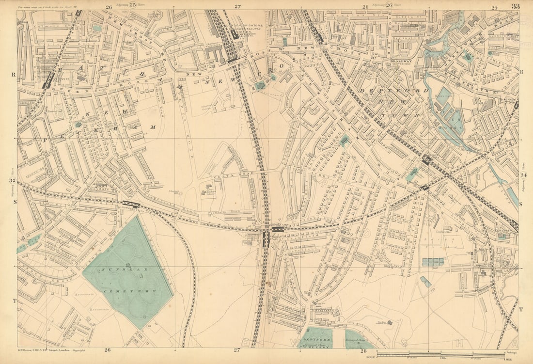 NEW CROSS Deptford Nunhead Lewisham St John's Nunhead Brockley Deptford 1886 map: Sheet 33 from Bacon's 1886 London street atlas covering part of South East London including New Cross, Deptford, Nunhead, Lewisham, St John's, New Cross Gate, Nunhead, Brockley, Deptford' by Bacon, Ge