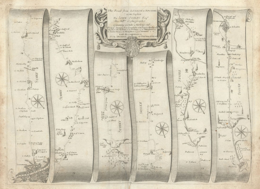 London–Ewell–Dorking–Amberley–Arundel–Chichester–Ogilby road map: The Road from London to Arundel in Sussex, with the continuation from Arundel to Chichester [London – Ewell – Dorking – Billingshurst – Amberley – Arundel – Chiches