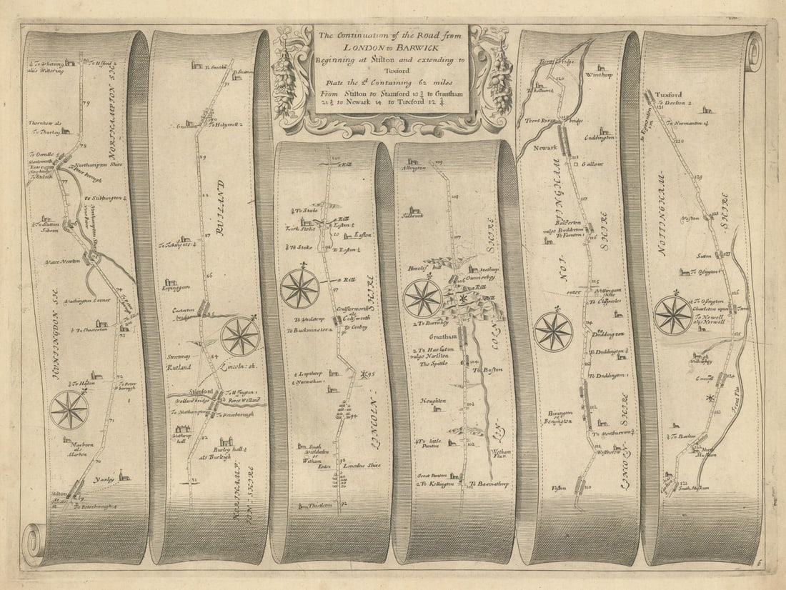 Stilton – Stamford – Grantham – Newark – Tuxford – Ogilby road map #6: The Continuation of the Road from London to Barwick, Plate the 2d [Stilton – Stamford – Grantham – Newark – Tuxford] by Ogilby, John. Published 1675. Antique copperplate road s
