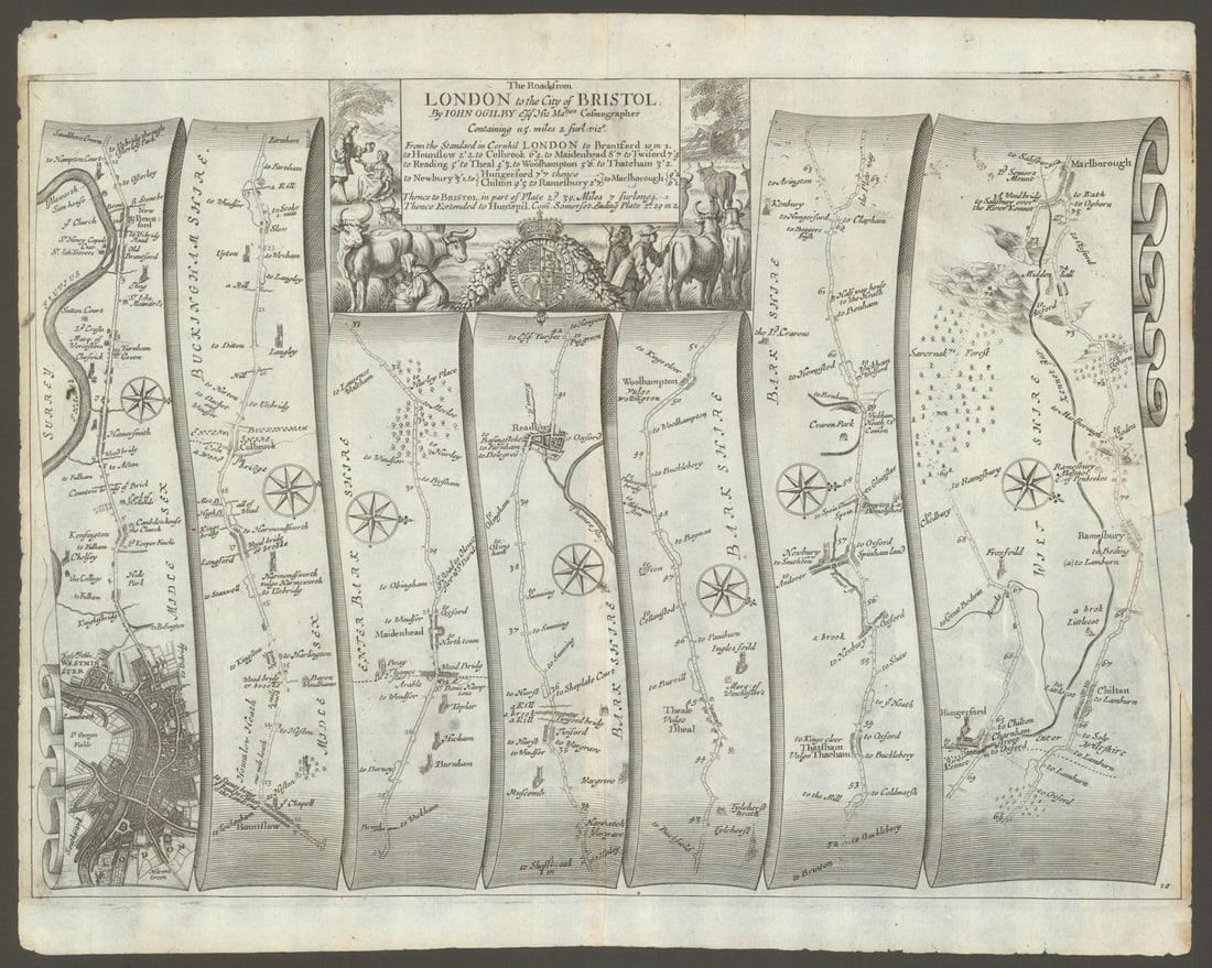 London–Maidenhead–Reading–Hungerford–Marlborough–Ogilby road map #10: The Road from London to Bristol, Thence extended to Huntspill [London – Hounslow – Maidenhead – Reading – Newbury – Hungerford – Marlborough] by Ogilby, John. Publi