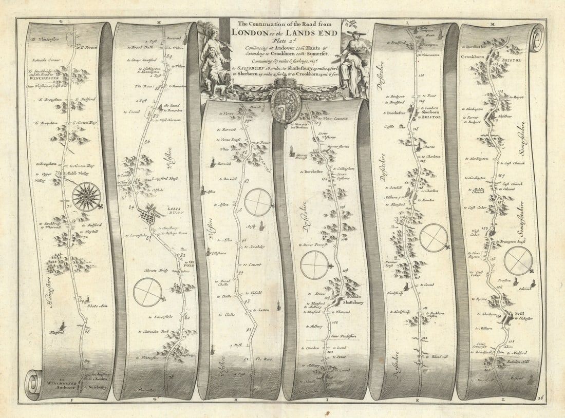 Andover–Salisbury–Shaftesbury–Sherborne–Crewkerne–Ogilby road map #26: The Continuation of the Road from London to Lands End, Plate 2d [Andover – Salisbury – Shaftesbury – Sherborne – Crewkerne] by Ogilby, John. Published 1675. Antique copperplate