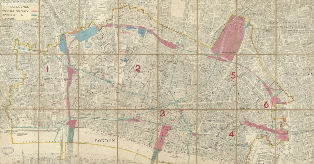 City of London showing railway and LPTB property — Ordnance Survey c1933 map: [City of London — Plan showing property belonging to the four main line railway companies and the London Passenger Transport Board] by Ordnance Survey. Published c1933 - Edition of 1916. LPTB re