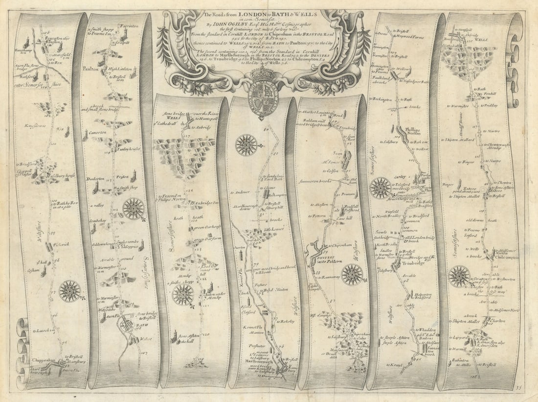 Chippenham – Bath – Wells/Marlborough – Devizes – Ogilby road map #35 1675 (1 of 1)