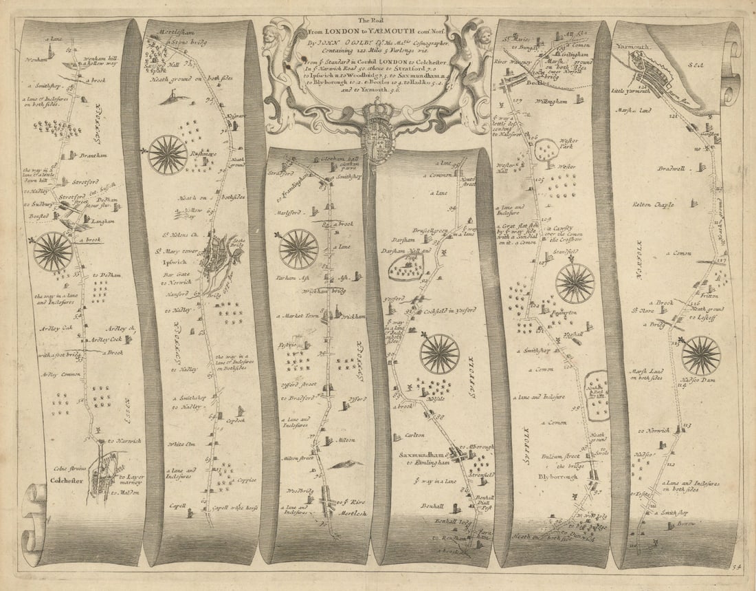 Colchester–Ipswich–Saxmundham–Beccles–Yarmouth–Ogilby road map #54: The Road from London to Yarmouth [Colchester – Ipswich – Martlesham – Saxmundham – Beccles – Yarmouth] by Ogilby, John. Published 1675. Antique copperplate road strip map