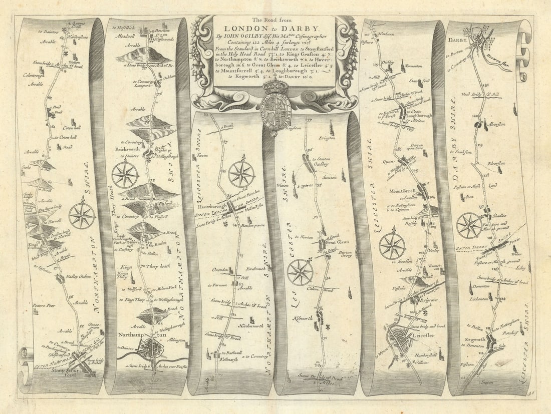 Stony Stratford – Northampton – Leicester – Derby – Ogilby road map #40 1675: The Road from London to Derby [Stony Stratford – Northampton – Market Harborough – Leicester – Loughborough – Derby] by Ogilby, John. Published 1675. Antique copperplate 