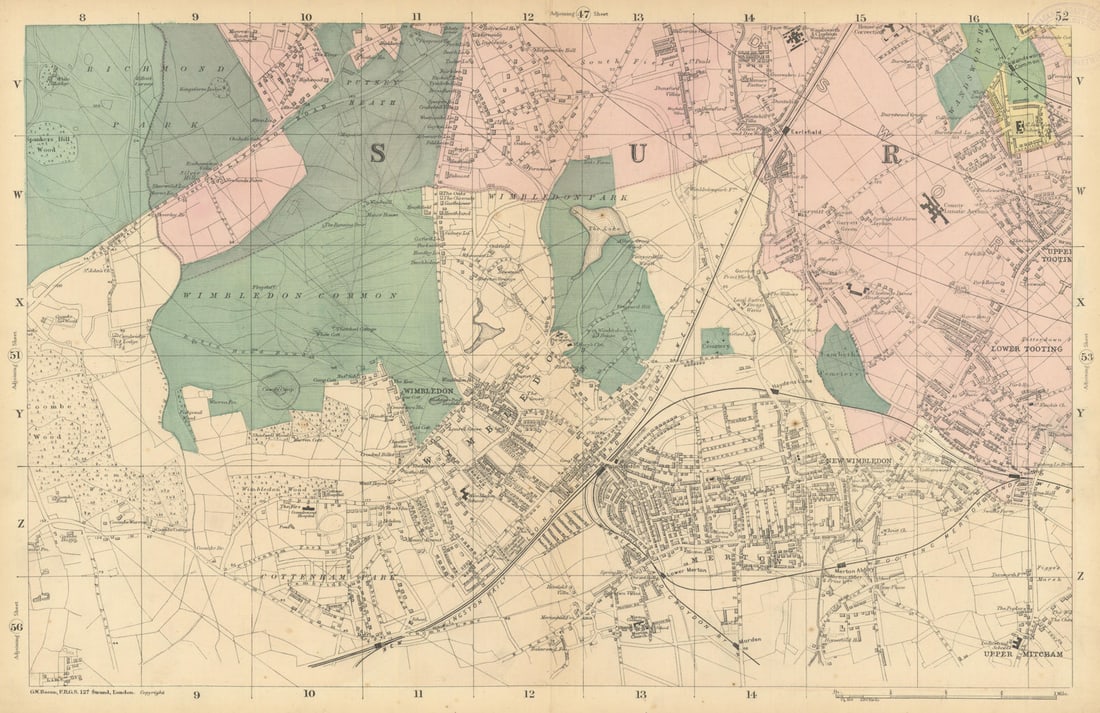 WIMBLEDON Merton Tooting Putney Heath Southfields Cottenham Park BACON 1886 map: Sheet 52 from Bacon's 1886 London street atlas covering part of South West London inc. Wimbledon, Merton, Tooting, Putney Heath, Southfields, Cottenham Park.' by Bacon, George Washington & Co. Publish