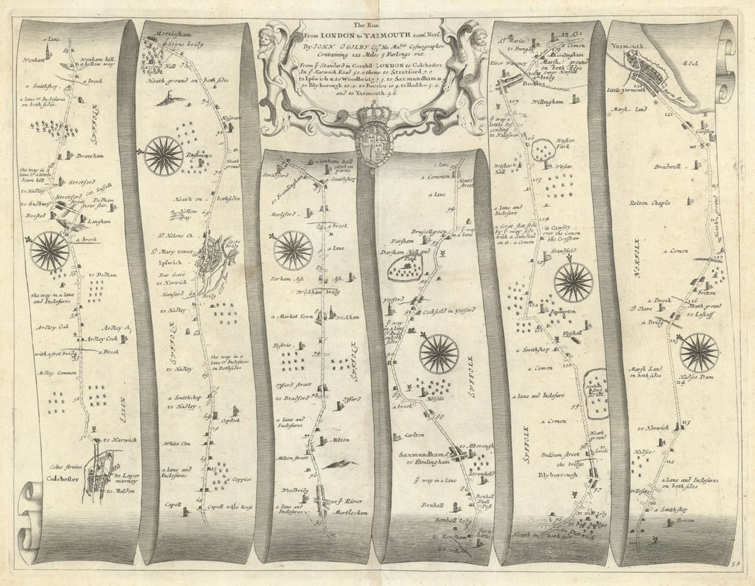 Colchester–Ipswich–Saxmundham–Beccles–Yarmouth–Ogilby road map #54: The Road from London to Yarmouth [Colchester – Ipswich – Martlesham – Saxmundham – Beccles – Yarmouth] by Ogilby, John. Published 1675. Antique copperplate road strip map
