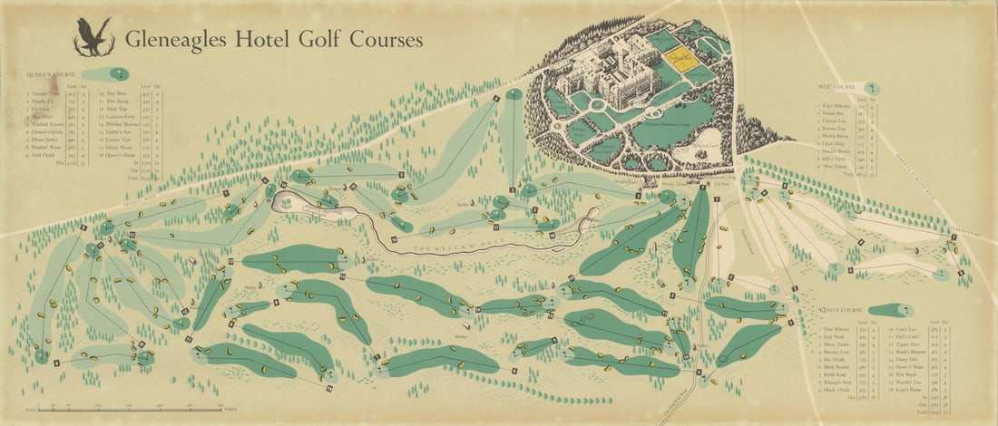 Gleneagles Hotel — King's Queen's & Wee Golf Courses — Samuel McKinlay c1969 map: Gleneagles Hotel Golf Courses'. Samuel L. McKinlay, "Reitz". Published Undated c1969. Vintage colour championship golf course map. Size 27 x 65 cm | 10.5 x 25.5 inches. Condition: Good; suitable for f