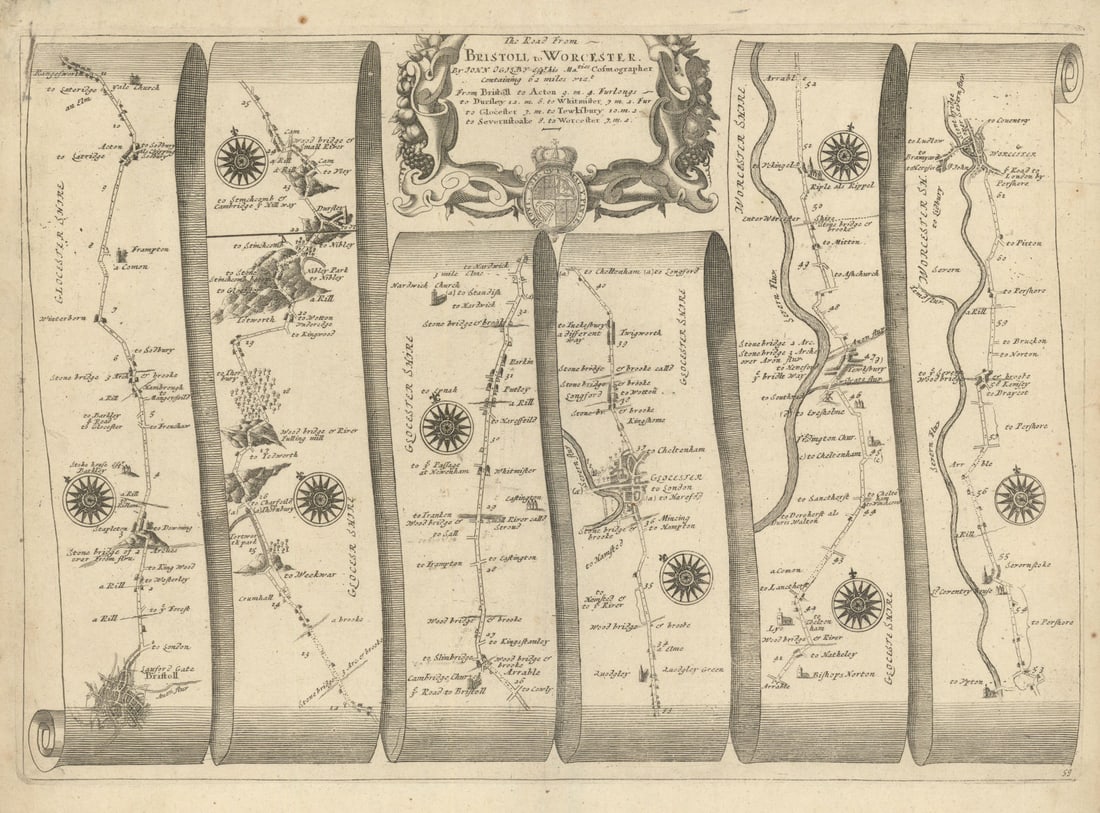 Bristol – Gloucester – Tewkesbury – Worcester – Ogilby road map #59 1675: The Road from Bristol to Worcester [Bristol – Gloucester – Tewkesbury – Worcester] by Ogilby, John. Published 1675. Antique copperplate road strip map. Size 48 x 37 cm | 19.0 x 14.5 