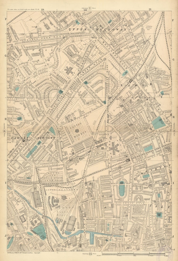 CAMDEN TOWN Holloway Tufnell Park King's Cross Kentish Town Barnsbury 1886 map: Sheet 7 from Bacon's 1886 London street atlas covering part of North London including Holloway, Camden New Town, Barnsbury, Tufnell Park, King's Cross, Kentish Town, Barnsbury, Caledonian Road' by Bac
