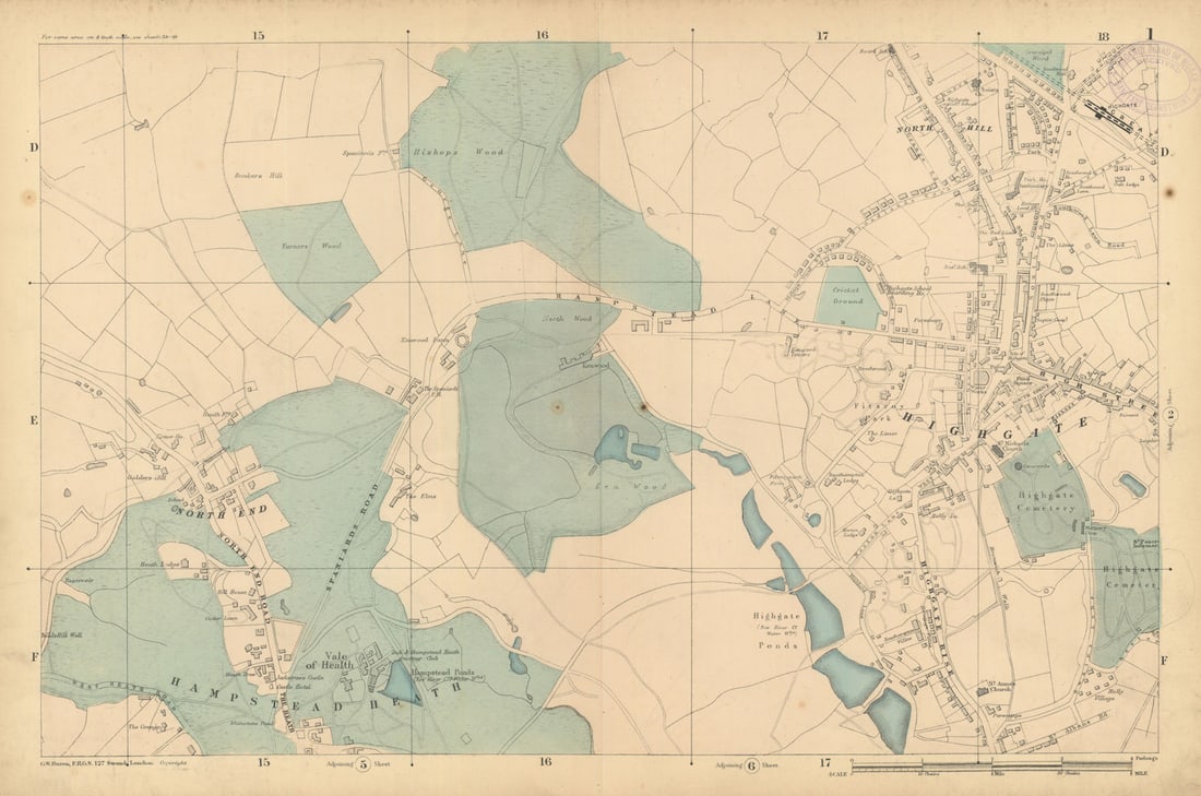 HAMPSTEAD HEATH Highgate Golders Green Hampstead Garden Suburb 1886 map (1 of 1)