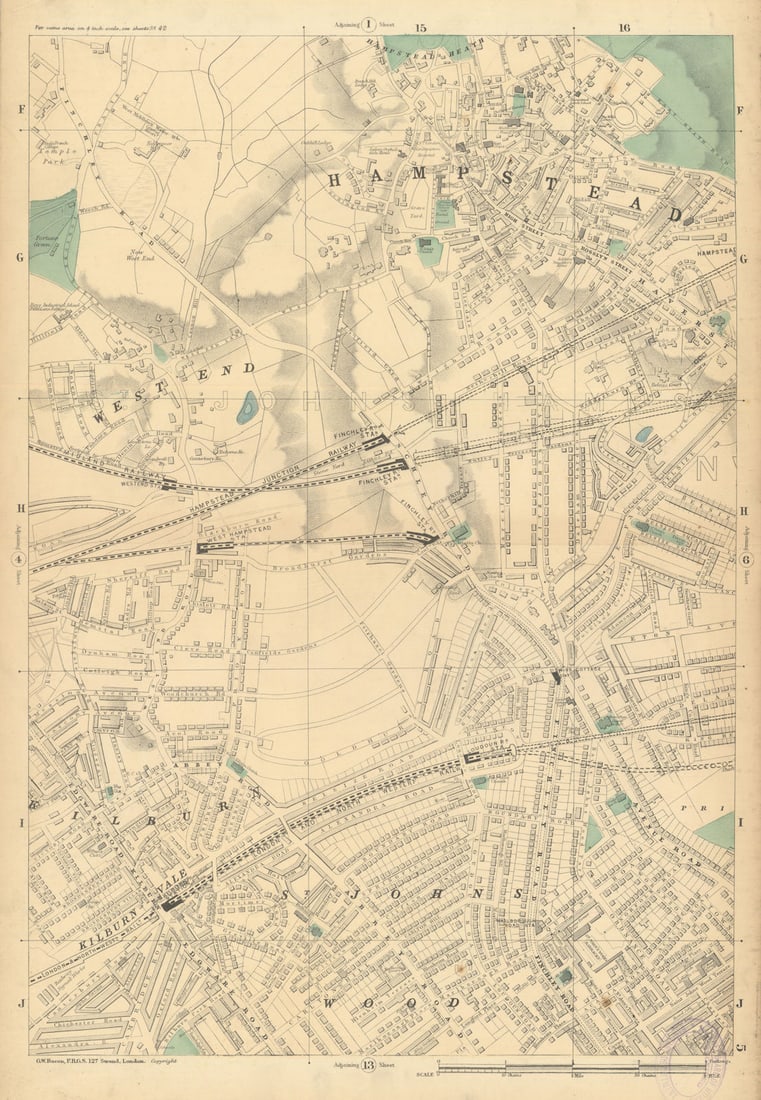 West HAMPSTEAD St. John's Wood Swiss Cottage Kilburn Finchley Road 1886 map: Sheet 5 from Bacon's 1886 London street atlas covering part of North London including Hampstead, St. John's Wood, Swiss Cottage, Kilburn, West Hampstead, Finchley Road' by Bacon, George Washington & C
