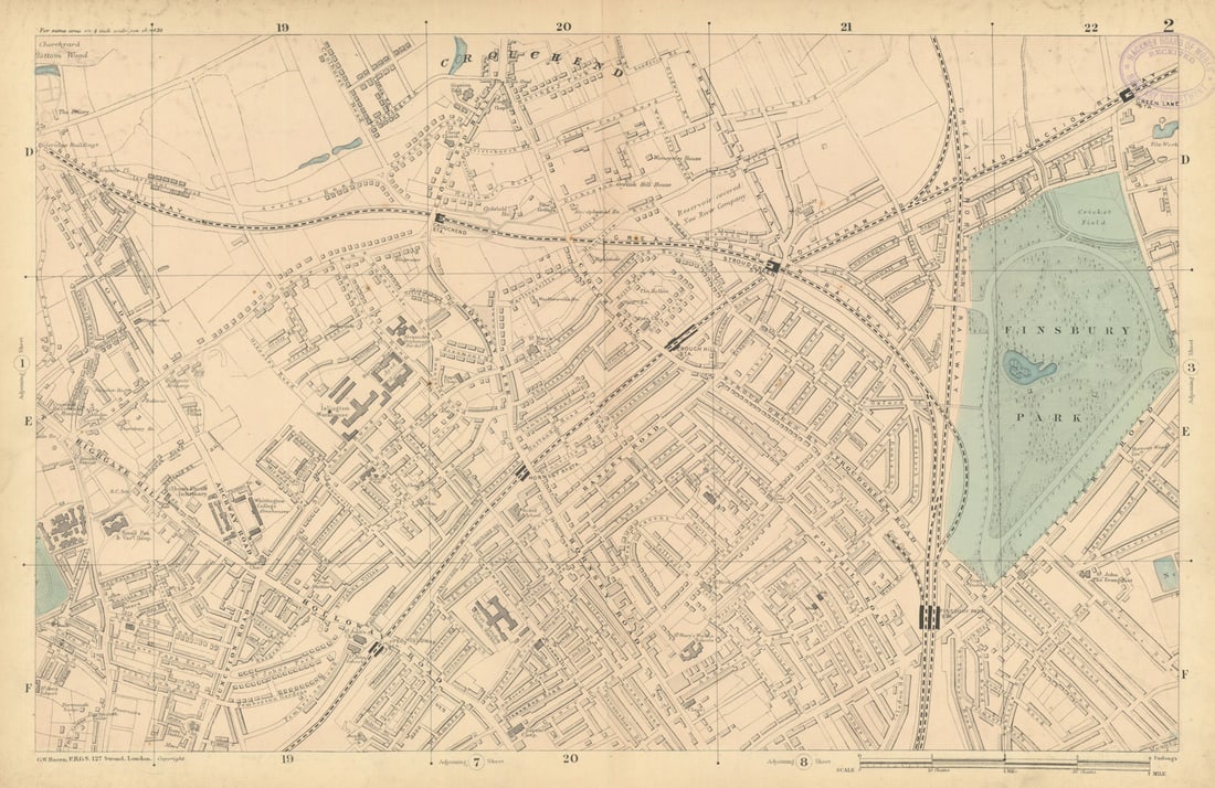 FINSBURY PARK Crouch End Stroud Green Highgate Archway Harringay 1886 old map (1 of 1)