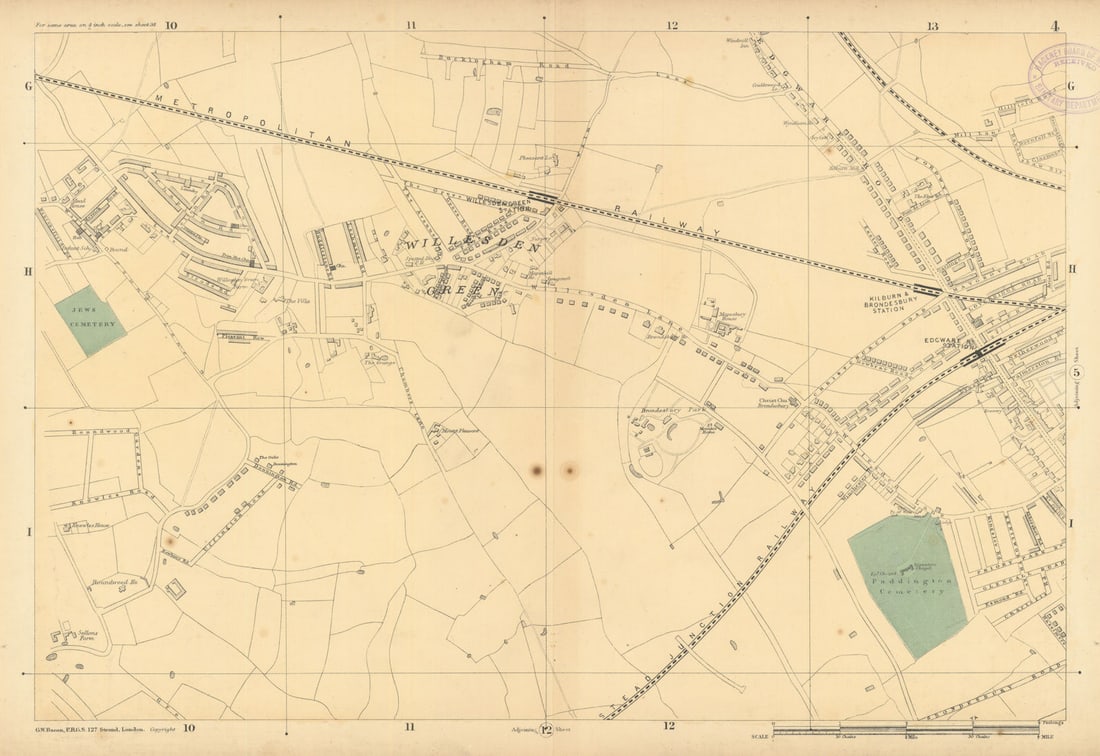WILLESDEN GREEN Kilburn Brondesbury Queens Park Dollis Hill Kensal Rise 1886 map: Sheet 4 from Bacon's 1886 London street atlas covering part of North West London including Willesden Green, Kilburn, Brondesbury Park, Dollis Hill, Kensal Rise, Queens Park' by Bacon, George Washingto