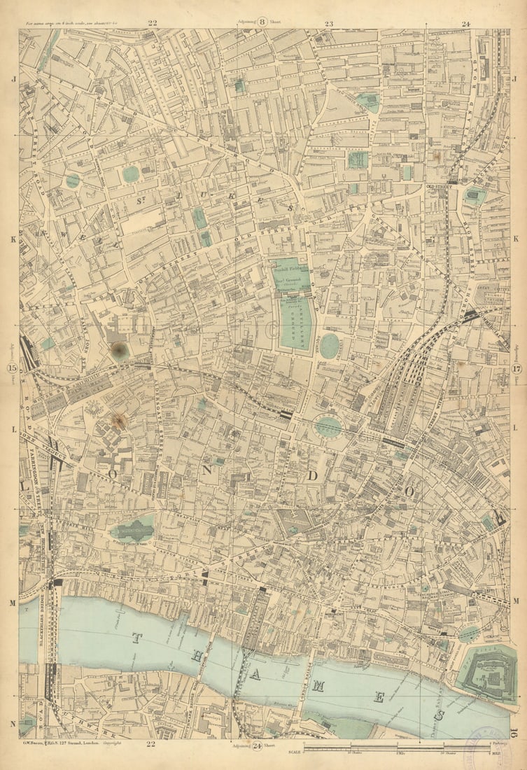 CITY OF LONDON Shoreditch Clerkenwell Southwark Broadgate Moorgate 1886 map: Sheet 16 from Bacon's 1886 London street atlas covering part of the City of London including Shoreditch, Clerkenwell, City, Southwark, Finsbury, Broadgate, barbican, Moorgate, St Luke's' by Bacon, Geo