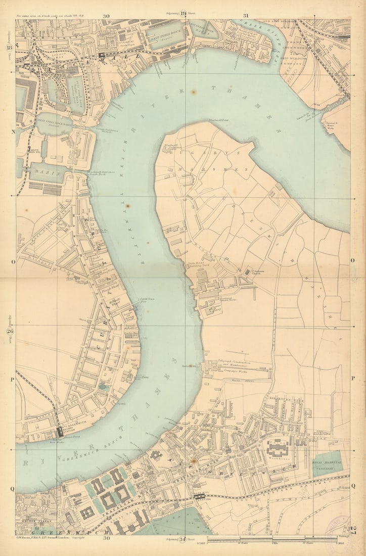 North GREENWICH Peninsula & BLACKWALL Cubitt Town West India Docks 1886 map (1 of 1)