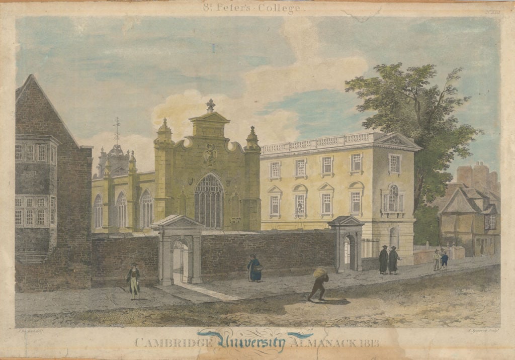 St. Peter's College—Peterhouse—John Burford—Cambridge University Almanack 1813: St. Peter's College—No. XIII—Cambridge University Almanack 1813'. East front, looking north. . John Burford delt. Samuel Sparrow sculp. Published 1813. Large antique copperplate hand colou