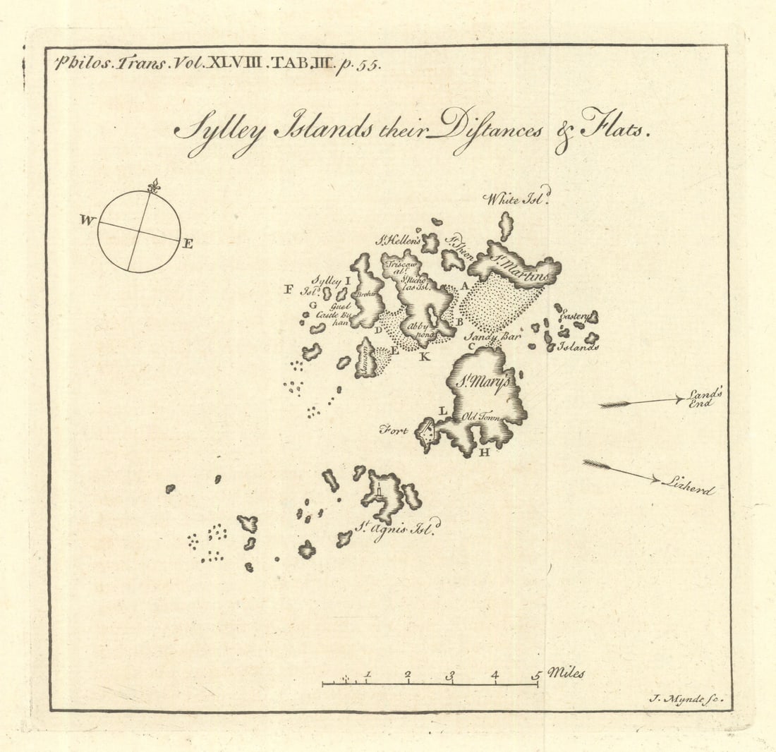 Scilly/Sylley Islands their distances & flats—Mynde—map+article—Rex Cowan 1754 (1 of 1)
