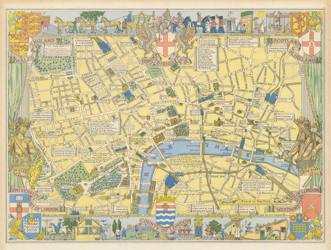 Children's Map of London. Pictorial map by John Bartholomew. 55x76cm 1939: Children's Map of London' by Bullock, Leslie George. Published 1939. Antique printed map. Size 55 x 76 cm | 21.5 x 30.0 inches. Condition: Good; suitable for framing. The map is in very good condition