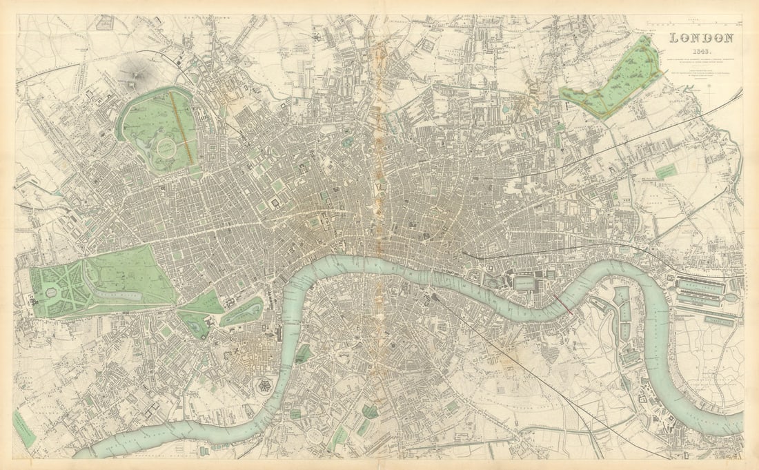 LONDON in 1843 antique city town map plan LARGE 65x40 cm SDUK 1844 old: LONDON 1843' by S.D.U.K. - Society for the Diffusion of Useful Knowledge. Published 1844 - This map was originally published by Chapman & Hall in 1843; this date is printed on the map. This edition of