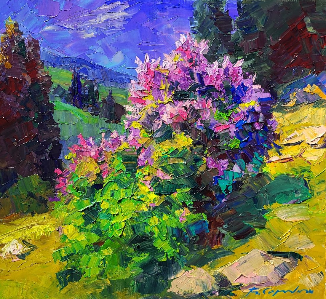 Oil painting Lilac in the Mountains Boris Serdyuk: Title: Oil painting Lilac in the Mountains Boris Serdyuk Description: NoSERB 1273Oil painting Lilac in the Mountains Boris Serdyuk is a vibrant celebration of nature, where expressive color and bold