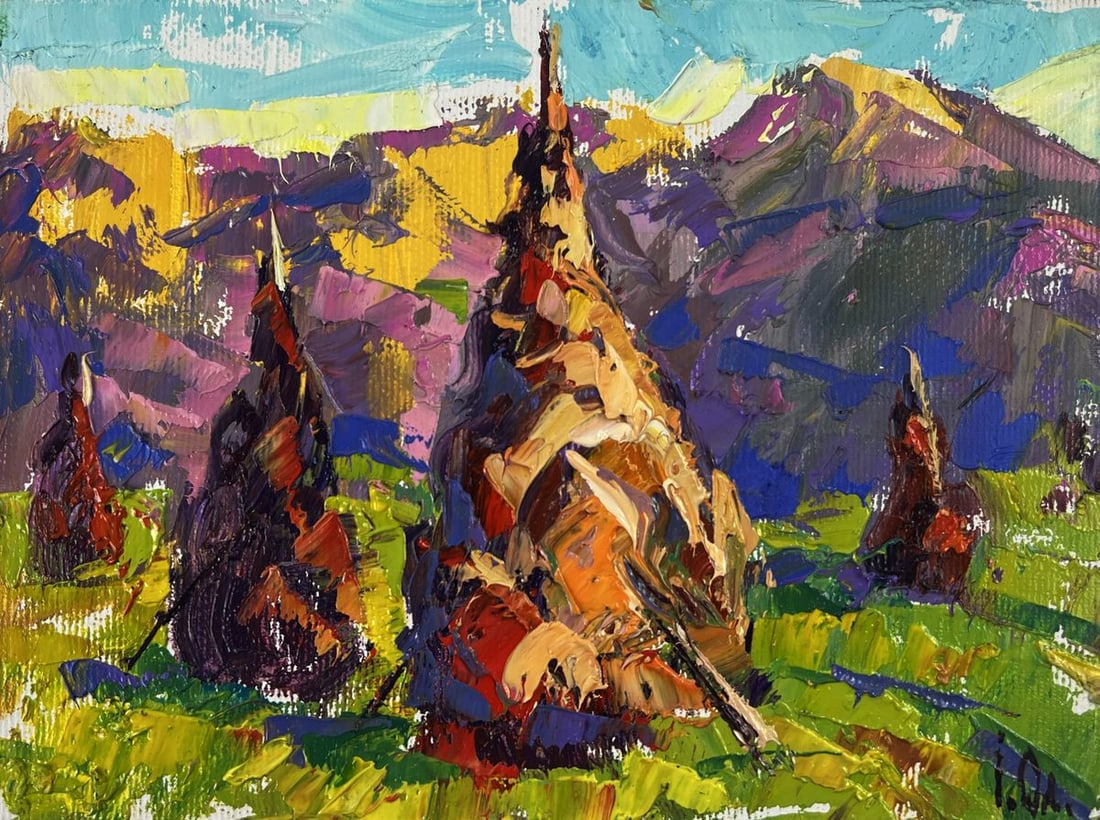 Oil painting Haystacks in the mountain fields Oleksiy Ivanyuk - 3