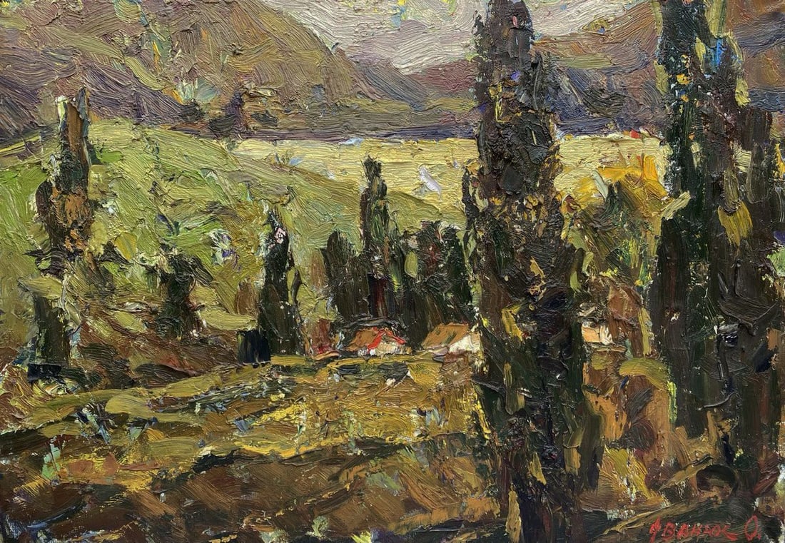 Oil painting Evening in the mountains Oleksiy Ivanyuk: Title: Oil painting Evening in the mountains Oleksiy Ivanyuk Description: NoKalen 1576The oil painting on Canvas titled "Evening in the Mountains" presents a deeply textured and emotionally resonant l