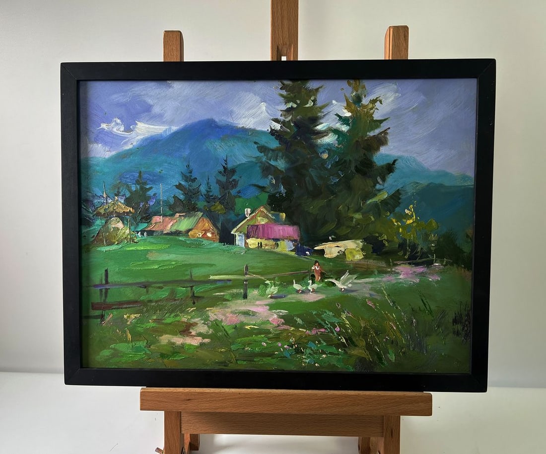 Oil painting Village in the mountains Yuriy Suprunchuk: Title: Oil painting Village in the mountains Yuriy Suprunchuk Description: NoAAA5694The Oil painting Cardboard titled "Village in the mountains" beautifully captures the serene essence of rural life n
