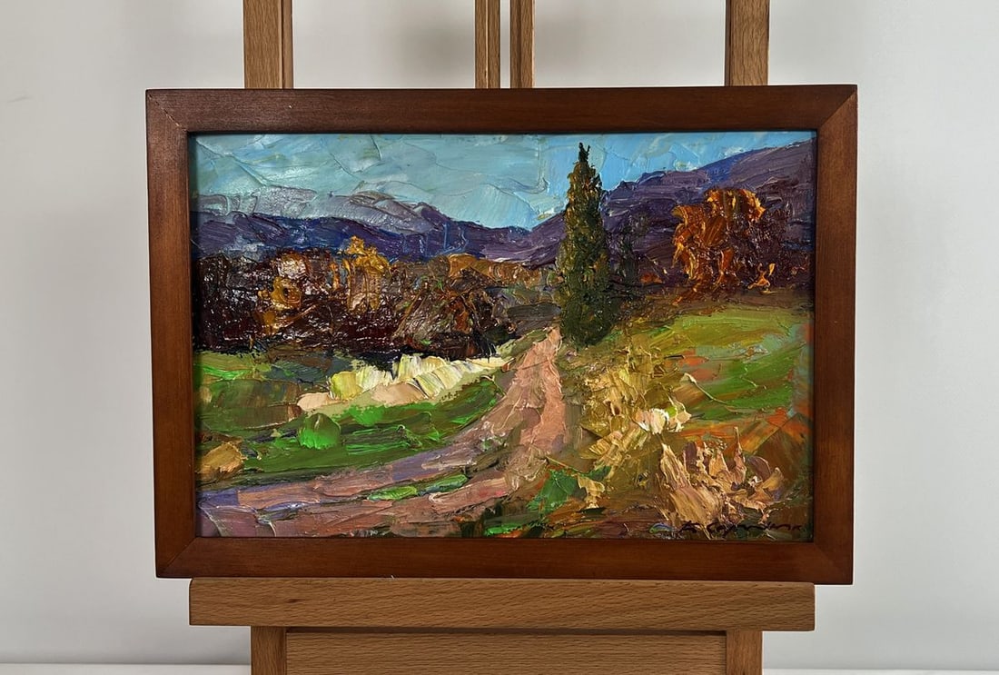Oil painting Autumn road to the mountains Boris Serdyuk: Title: Oil painting Autumn road to the mountains Boris Serdyuk Description: NoAAA4756The oil painting on cardboard titled "Autumn Road to the Mountains" captures the essence of a serene autumn landsca