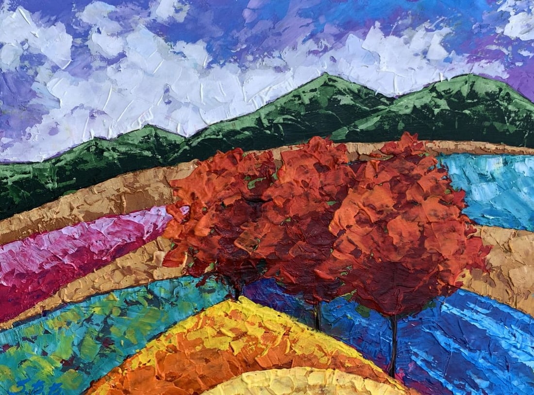 Oil painting Three trees and mountains V. Zadorozhnya: Title: Oil painting Three trees and mountains V. Zadorozhnya Description: NoAAA3339"Three Trees and Mountains" is a vibrant and dynamic oil painting that captures the essence of a colorful and