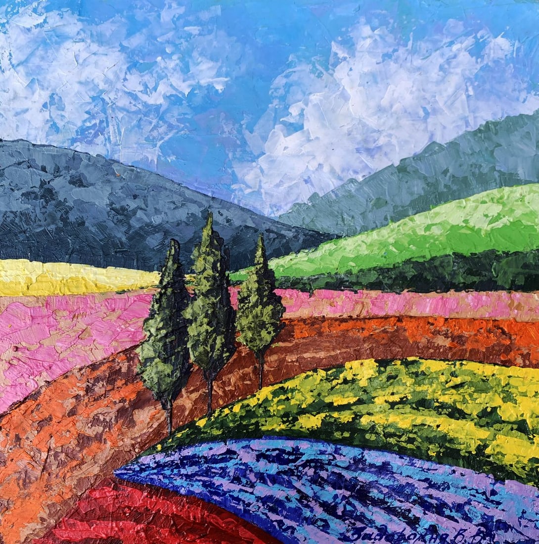 Oil painting Mountain Glade V. Zadorozhnya: Title: Oil painting Mountain Glade V. Zadorozhnya Description: NoAAA3469The painting titled "Mountain Glade" is a vibrant and colorful celebration of nature, crafted in oil on cardboard. It captures t
