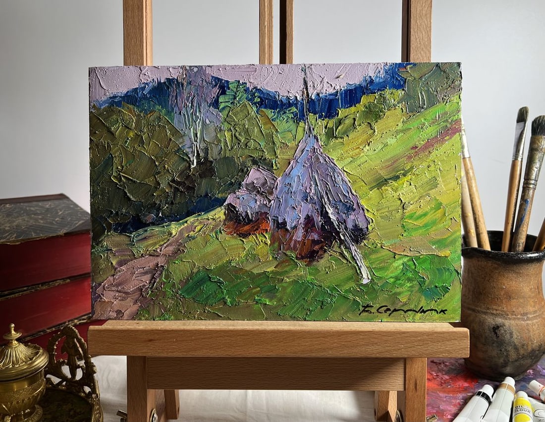 Oil painting Path to the mountains Boris Serdyuk: Title: Oil painting Path to the mountains Boris Serdyuk Description: NoAAA3700"Path to the Mountains" is a vibrant and textured oil painting on cardboard that captures the rustic charm of a countrysid
