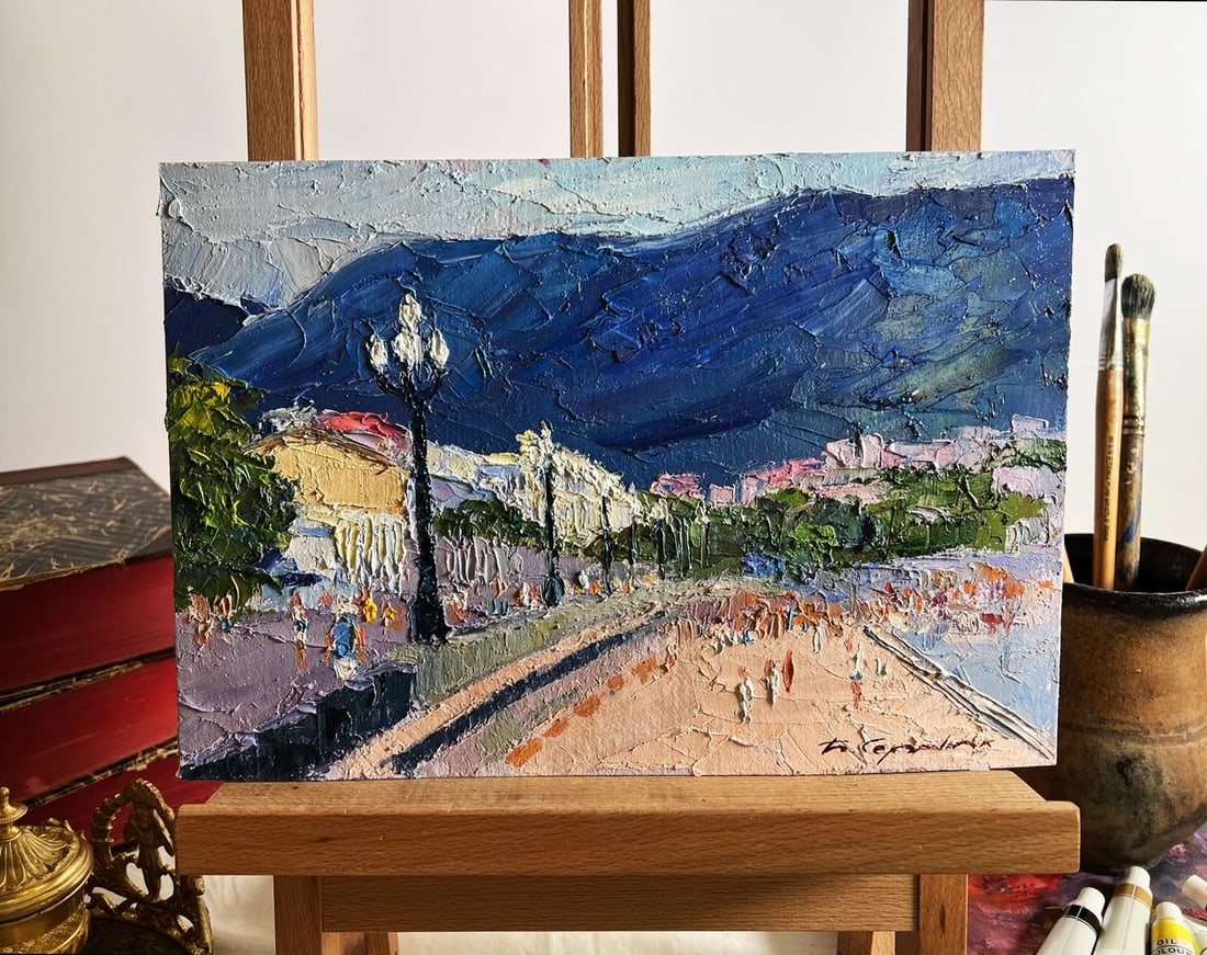 Oil painting City embankment Boris Serdyuk: Title: Oil painting City embankment Boris Serdyuk Description: NoAAA3708The painting "City Embankment" is a vibrant and expressive oil on cardboard, capturing the lively atmosphere of a seaside