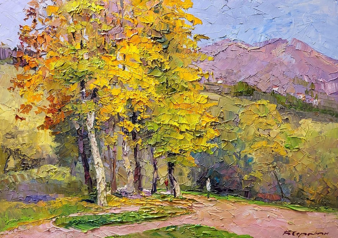 Oil painting In the autumn park Serdyuk Boris Petrovich: Title: Oil painting In the autumn park Serdyuk Boris Petrovich Description: NoSERB 1000This oil painting, entitled "In the Autumn Park," is a vivid portrayal of the serene and colorful ambiance of a p