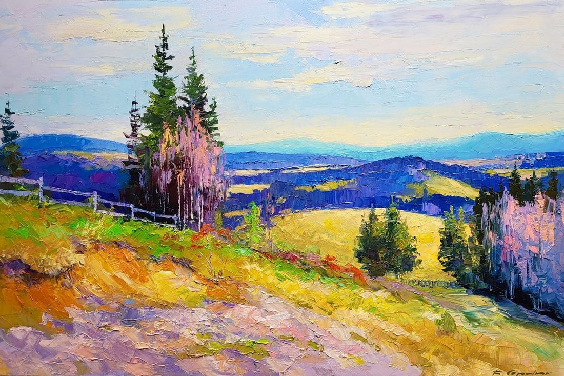 Oil painting Carpathian spaces Serdyuk Boris Petrovich: Title: Oil painting Carpathian spaces Serdyuk Boris Petrovich Description: NoSERB 1009The oil painting titled "Carpathian Spaces" offers a sweeping view of the Carpathian landscape, rendered with rich